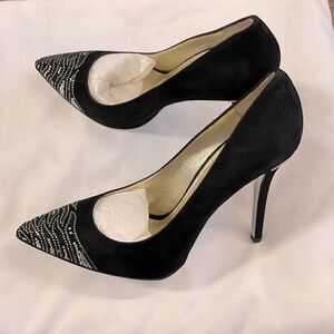EMY MACK BLACK SUEDE PUMPS, SILVER DESIGN AT TOES. 4.5” HEELS. PADDED IN…